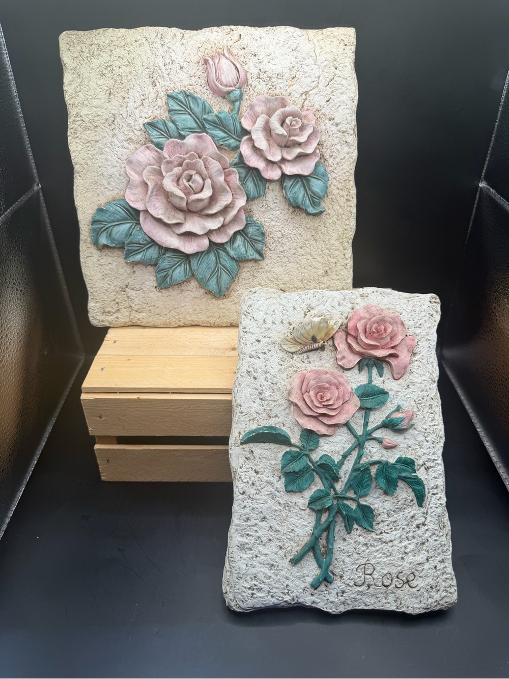 Set of 2 Vintage Floral Rose Relief Wall Plaques Cottage Garden Decor